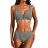 CUPSHE Women’s V Neck Bikini Sets Textured Crossback Two Piece Swimsuit | Cutout,Back Self Tie,Soft Removable Cups,Mid Rise,Flattering Bathing Suit For Vacation And Beach(Black/White)