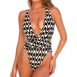 CUPSHE One Piece Swimsuit for Women Bathing Suit Cut Out Cross Back Tie Deep V Neck Ruched High Cut(Wave Stripe)