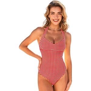 CUPSHE One Piece Swimsuit for Women Halter V Neck Full Coverage Swimwear | Bathing Suit, Removable Soft Cups, Adjustable Halter, Open Back, Classic Coverage, Vacation Ready(Red/Gingham)