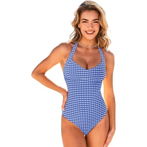 CUPSHE One Piece Swimsuit for Women Halter V Neck Full Coverage Swimwear | Bathing Suit, Removable Soft Cups, Adjustable Halter, Open Back, Classic Coverage, Vacation Ready(Periwinkle/Gingham)