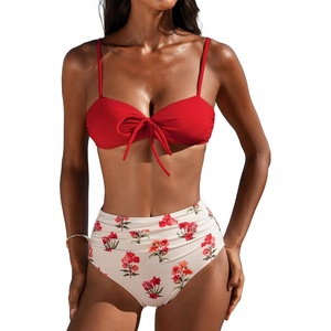 CUPSHE Two Piece Swimsuit Women High Waist Bikini Set Bathing Suit | Removable Soft Cups,V neck,Back self tie,Color block,Adjustable Straps,Back Hook,Ruched(Red/White/Floral)