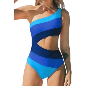 CUPSHE Women One Piece Swimsuit One Shoulder Bathing Suit Cutout Monokini | Removable Soft Cups, Color Block, Classic Bum Coverage, Swim Suit For Beach Vacation Cruise Pool Party(Blue Color Block)