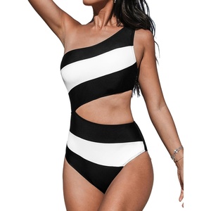 CUPSHE Women One Piece Swimsuit One Shoulder Bathing Suit Cutout Monokini | Removable Soft Cups, Color Block, Classic Bum Coverage, Swim Suit For Beach Vacation Cruise Pool Party(Black/White)