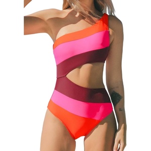 CUPSHE Women One Piece Swimsuit One Shoulder Bathing Suit Cutout Monokini | Removable Soft Cups, Color Block, Classic Bum Coverage, Swim Suit For Beach Vacation Cruise Pool Party(Pink/ Wine Red)
