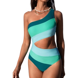 CUPSHE Women One Piece Swimsuit One Shoulder Bathing Suit Cutout Monokini | Removable Soft Cups, Color Block, Classic Bum Coverage, Swim Suit For Beach Vacation Cruise Pool Party(Green Color Block)