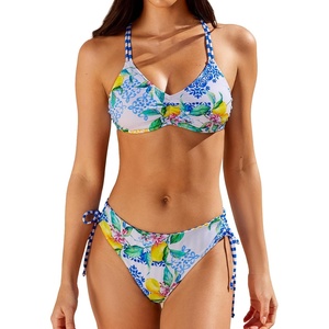 CUPSHE Women’s 2 Piece Bikini Set Back Braided Straps with Reversible Bottom(Blue/Yellow Lemon)
