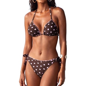 CUPSHE Women’s Bikini Set V Neck Two Piece Halter Self Tie Swimsuit | Stitching,Soft Removable Cups,Low Rise,Flattering Bathing Suit For Vacation And Beach(Brown/Pink)