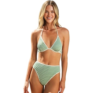 CUPSHE Women’s Bikini Sets Two Piece Swimsuit Underwire High Waisted V Neck Textured Halter Bathing Suit Color Block(Green/Beige)