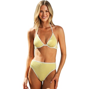 CUPSHE Women’s Bikini Sets Two Piece Swimsuit Underwire High Waisted V Neck Textured Halter Bathing Suit Color Block(Yellow/Beige)