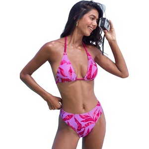 CUPSHE Women’s Bikini Sets Two Piece Swimsuit V Neck Halter Back Self Tie Bathing Suit Mid Rise(Hot Pink/Tropical)