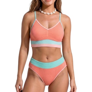 CUPSHE Women’s Bikini Sets V Neck High Waisted Bathing Suit Seamless | Ribbed Textured, Color Block Trim, Removable Soft Cups, Adjustable Straps, Sporty Swimsuit, Modest Coverage, For Beach(Coral/Cyan/Pink)