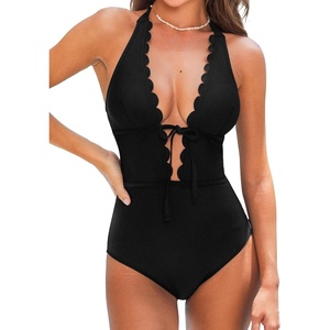 CUPSHE Women’s Deep V Neck Cutout One Piece Swimsuit | Halter,Self Tie,Scalloped,Soft Removable Cups,Flattering Bathing Suit For Vacation And Beach(Black)