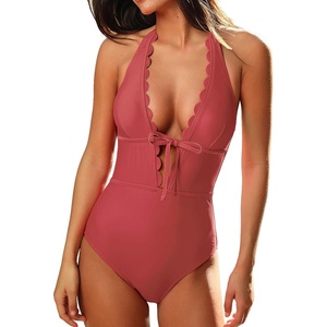 CUPSHE Women’s Deep V Neck Cutout One Piece Swimsuit | Halter,Self Tie,Scalloped,Soft Removable Cups,Flattering Bathing Suit For Vacation And Beach(Brick Red)
