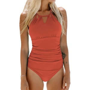 CUPSHE Women’s One Piece Swimsuit High Neck Tummy Control Cutout Back | Lace-Up Back, Removable Padded Cups, Ruched Waist, Adjustable Tie, Flattering Fit, Pool, Beach, Vacation(Orange)