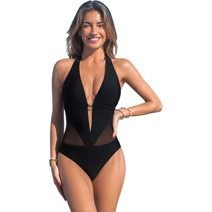 CUPSHE Women’s One Piece Swimsuit Plunging Neck Halter Bathing Suit | Mesh Panel, Removable Soft Cups, Gold Tone Charm, Open Back, Moderate Coverage, Beach Vacation(Black)