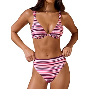 CUPSHE Women’s Underwire Bikini Set Swimsuit High Waisted Bathing Suit | Back Hook, Adjustable Wide Straps, Moderate Coverage, Swim Suit for Family Vacations, Beach, Cruises, Pool Days(Pink/Striped)