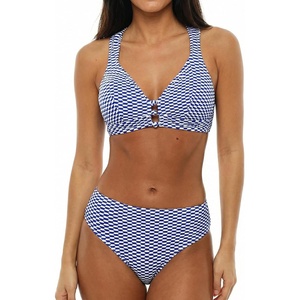 CUPSHE Women’s V Neck Bikini Sets Textured Crossback Two Piece Swimsuit | Cutout,Back Self Tie,Soft Removable Cups,Mid Rise,Flattering Bathing Suit For Vacation And Beach(Blue/White)