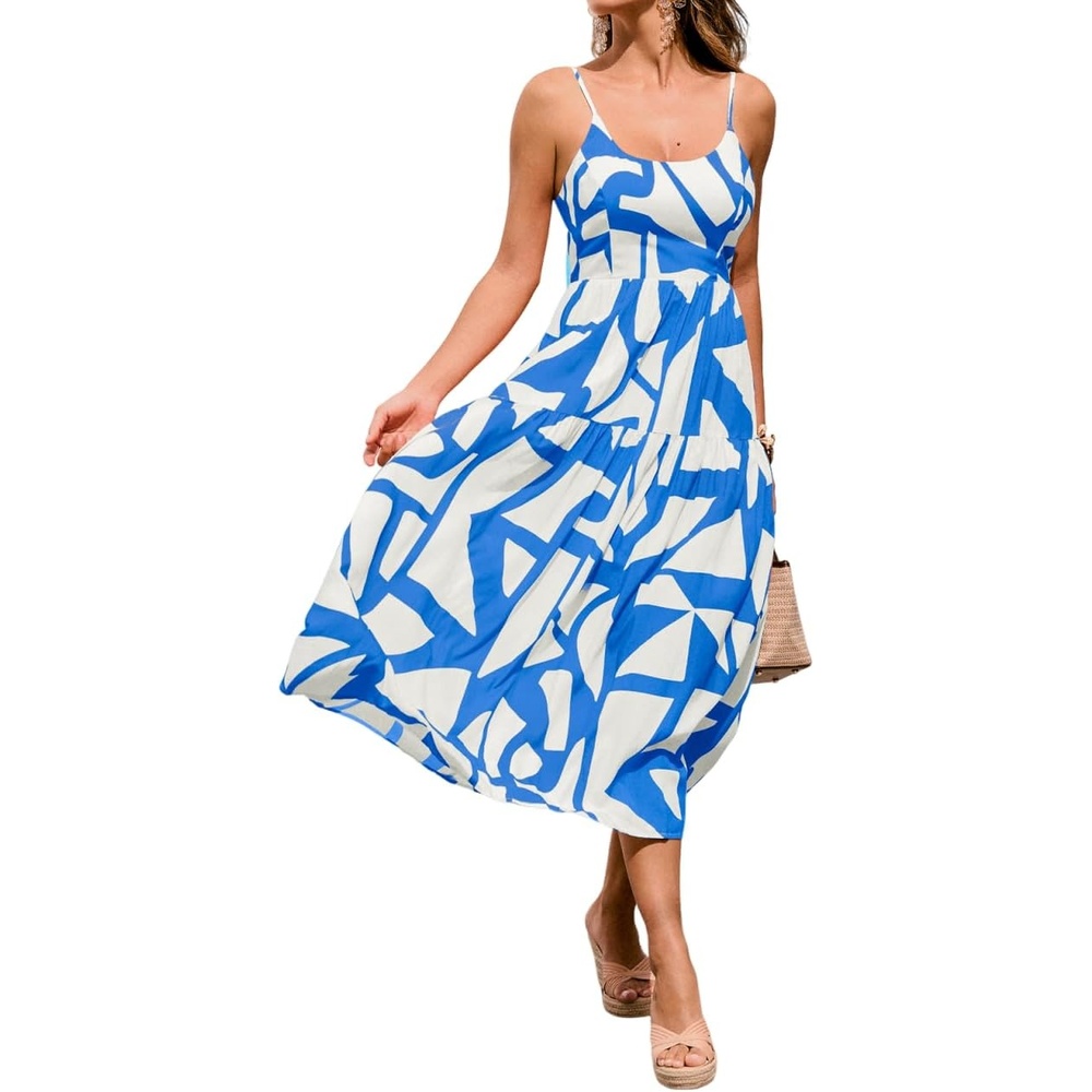 image:imageCUPSHE Womens Summer Dresses Spaghetti Strap Tie Back Abstract Tiered Flowy A Line Midi Sundress Vacation Beach DressBlue