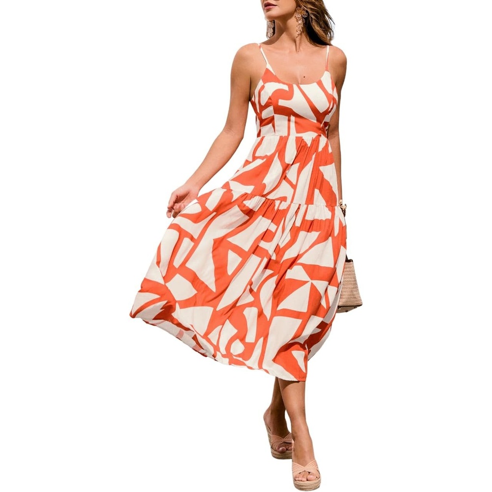 image:imageCUPSHE Womens Summer Dresses Spaghetti Strap Tie Back Abstract Tiered Flowy A Line Midi Sundress Vacation Beach DressOrange