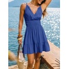 CUPSHE Women Summer Dress Surplice V Neck Smocked Waist Ruffle Hem A Line Sun Dress Vacation Beach Flowy Mini Dress(Blue)