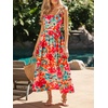 CUPSHE Women’s Boho Floral Midi Sundress Square Neck Ruffle Sleeveless Smocked Bow Dress Summer Vacation Flowy Long Dress(Red Floral)