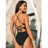 CUPSHE Women’s One Piece Swimsuit V Neck Bathing Suit Back Criss Lace Up | Ladder Cutout Trim, Plunging Neckline, Back Crisscross Tie, Adjustable Spaghetti Straps, Standard Coverage(Black)