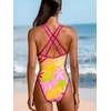 CUPSHE Women’s One Piece Swimsuit V Neck Bathing Suit Criss Dual Straps | Removable Soft Cups, Adjustable Double Straps, Crisscross Back, Front Keyhole, O Ring, Standard Leg Cut, For Beach(Pink/Tropical Floral)