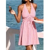 CUPSHE Women’s Striped Halter Summer Dress A-Line Mini Sun Dress Beach Wear | Sexy V Neck Striped Cotton Sundress, Smocked Waist Short Beach Vacation Outfits, Breezy Backless Sleeveless Coverup Dress(Red Striped)