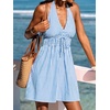 CUPSHE Women’s Striped Halter Summer Dress A-Line Mini Sun Dress Beach Wear | Sexy V Neck Striped Cotton Sundress, Smocked Waist Short Beach Vacation Outfits, Breezy Backless Sleeveless Coverup Dress(Blue Striped)