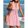 CUPSHE Women’s Striped Halter Summer Dress A-Line Mini Sun Dress Beach Wear | Sexy V Neck Striped Cotton Sundress, Smocked Waist Short Beach Vacation Outfits, Breezy Backless Sleeveless Coverup Dress(Red Striped)