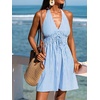 CUPSHE Women’s Striped Halter Summer Dress A-Line Mini Sun Dress Beach Wear | Sexy V Neck Striped Cotton Sundress, Smocked Waist Short Beach Vacation Outfits, Breezy Backless Sleeveless Coverup Dress(Blue Striped)