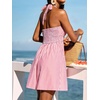CUPSHE Women’s Striped Halter Summer Dress A-Line Mini Sun Dress Beach Wear | Sexy V Neck Striped Cotton Sundress, Smocked Waist Short Beach Vacation Outfits, Breezy Backless Sleeveless Coverup Dress(Red Striped)