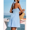 CUPSHE Women’s Striped Halter Summer Dress A-Line Mini Sun Dress Beach Wear | Sexy V Neck Striped Cotton Sundress, Smocked Waist Short Beach Vacation Outfits, Breezy Backless Sleeveless Coverup Dress(Blue Striped)