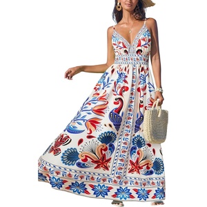 CUPSHE Women’s Summer Dresses Casual Spring V Neck Sleeveless Floral Beach Vacation Long Spaghetti Strap Flowy Maxi Dress(Blue Pattern)
