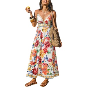 CUPSHE Women’s Summer Dresses Casual Spring V Neck Sleeveless Floral Beach Vacation Long Spaghetti Strap Flowy Maxi Dress(Upgraded Red/Yellow)