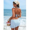 CUPSHE 3 Piece Bikini Set Triangle Halter Swimsuit with Sarong Skirt | 3 Piece Set, Removable Soft Cups, Mid Rise, Textured Fabric, Perfect For Beach Vacations, Resorts, Pool Parties(Light Blue)