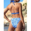 CUPSHE Women’s Two Piece V Neck Halter Bikini Sets Stitching Swimsuit | Back Hook,Side Cutout,Cheeky Bottom,Soft Removable Cups,Double Straps,Flattering Bathing Suit For Vacation And Beach(Blue/White Floral)