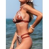 CUPSHE Women’s Two Piece V Neck Halter Bikini Sets Stitching Swimsuit | Back Hook,Side Cutout,Cheeky Bottom,Soft Removable Cups,Double Straps,Flattering Bathing Suit For Vacation And Beach(Brown/Beige Tropical)