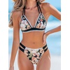 CUPSHE Women’s Two Piece V Neck Halter Bikini Sets Stitching Swimsuit | Back Hook,Side Cutout,Cheeky Bottom,Soft Removable Cups,Double Straps,Flattering Bathing Suit For Vacation And Beach(Black/Pink Floral)