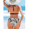 CUPSHE Women’s Two Piece V Neck Halter Bikini Sets Stitching Swimsuit | Back Hook,Side Cutout,Cheeky Bottom,Soft Removable Cups,Double Straps,Flattering Bathing Suit For Vacation And Beach(Black/Pink Floral)