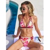 CUPSHE Women’s Two Piece V Neck Halter Bikini Sets Stitching Swimsuit | Back Hook,Side Cutout,Cheeky Bottom,Soft Removable Cups,Double Straps,Flattering Bathing Suit For Vacation And Beach(Beige/Red Floral)