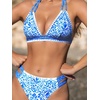 CUPSHE Women’s Two Piece V Neck Halter Bikini Sets Stitching Swimsuit | Back Hook,Side Cutout,Cheeky Bottom,Soft Removable Cups,Double Straps,Flattering Bathing Suit For Vacation And Beach(Blue/White Floral)