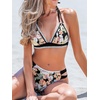 CUPSHE Women’s Two Piece V Neck Halter Bikini Sets Stitching Swimsuit | Back Hook,Side Cutout,Cheeky Bottom,Soft Removable Cups,Double Straps,Flattering Bathing Suit For Vacation And Beach(Black/Pink Floral)