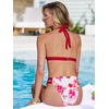 CUPSHE Women’s Two Piece V Neck Halter Bikini Sets Stitching Swimsuit | Back Hook,Side Cutout,Cheeky Bottom,Soft Removable Cups,Double Straps,Flattering Bathing Suit For Vacation And Beach(Beige/Red Floral)