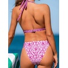 CUPSHE Women’s Two Piece V Neck Halter Bikini Sets Stitching Swimsuit | Back Hook,Side Cutout,Cheeky Bottom,Soft Removable Cups,Double Straps,Flattering Bathing Suit For Vacation And Beach(White/Pink Floral)