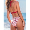CUPSHE Women’s Two Piece V Neck Halter Bikini Sets Stitching Swimsuit | Back Hook,Side Cutout,Cheeky Bottom,Soft Removable Cups,Double Straps,Flattering Bathing Suit For Vacation And Beach(Red Floral)