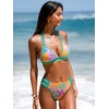 CUPSHE Women’s Two Piece V Neck Halter Bikini Sets Stitching Swimsuit | Back Hook,Side Cutout,Cheeky Bottom,Soft Removable Cups,Double Straps,Flattering Bathing Suit For Vacation And Beach(Mint Blue/Tropical)