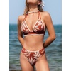 CUPSHE Women’s Two Piece V Neck Halter Bikini Sets Stitching Swimsuit | Back Hook,Side Cutout,Cheeky Bottom,Soft Removable Cups,Double Straps,Flattering Bathing Suit For Vacation And Beach(Brown/Beige Tropical)