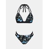 CUPSHE Women’s Two Piece V Neck Halter Bikini Sets Stitching Swimsuit | Back Hook,Side Cutout,Cheeky Bottom,Soft Removable Cups,Double Straps,Flattering Bathing Suit For Vacation And Beach(Black/Blue Floral)