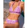CUPSHE Women’s Two Piece V Neck Halter Bikini Sets Stitching Swimsuit | Back Hook,Side Cutout,Cheeky Bottom,Soft Removable Cups,Double Straps,Flattering Bathing Suit For Vacation And Beach(White/Pink Floral)